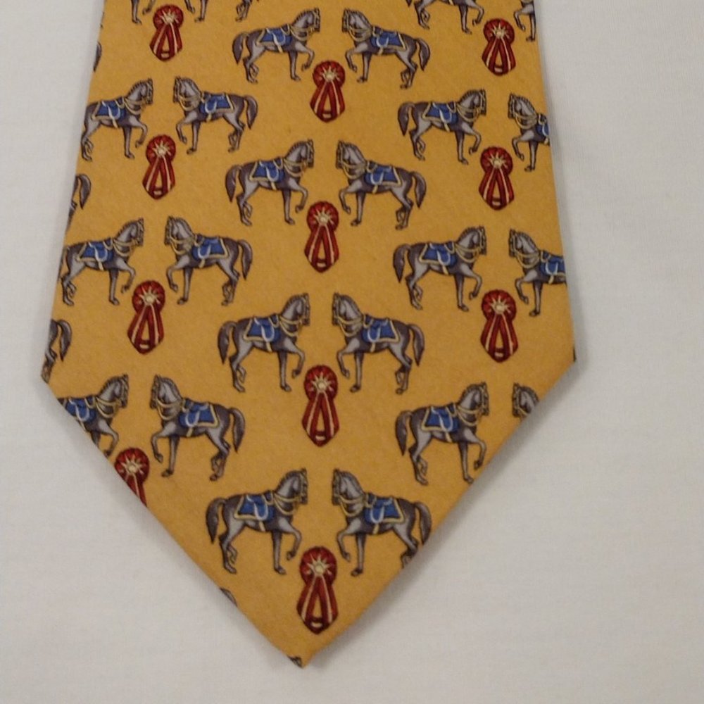 NWT! Vintage Brooks Brothers 100% Silk Tie Yellow w/Horse and Award Ribbon Motif